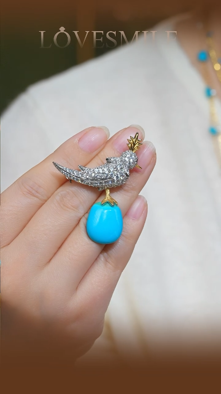 银S925镶嵌绿松石胸针002