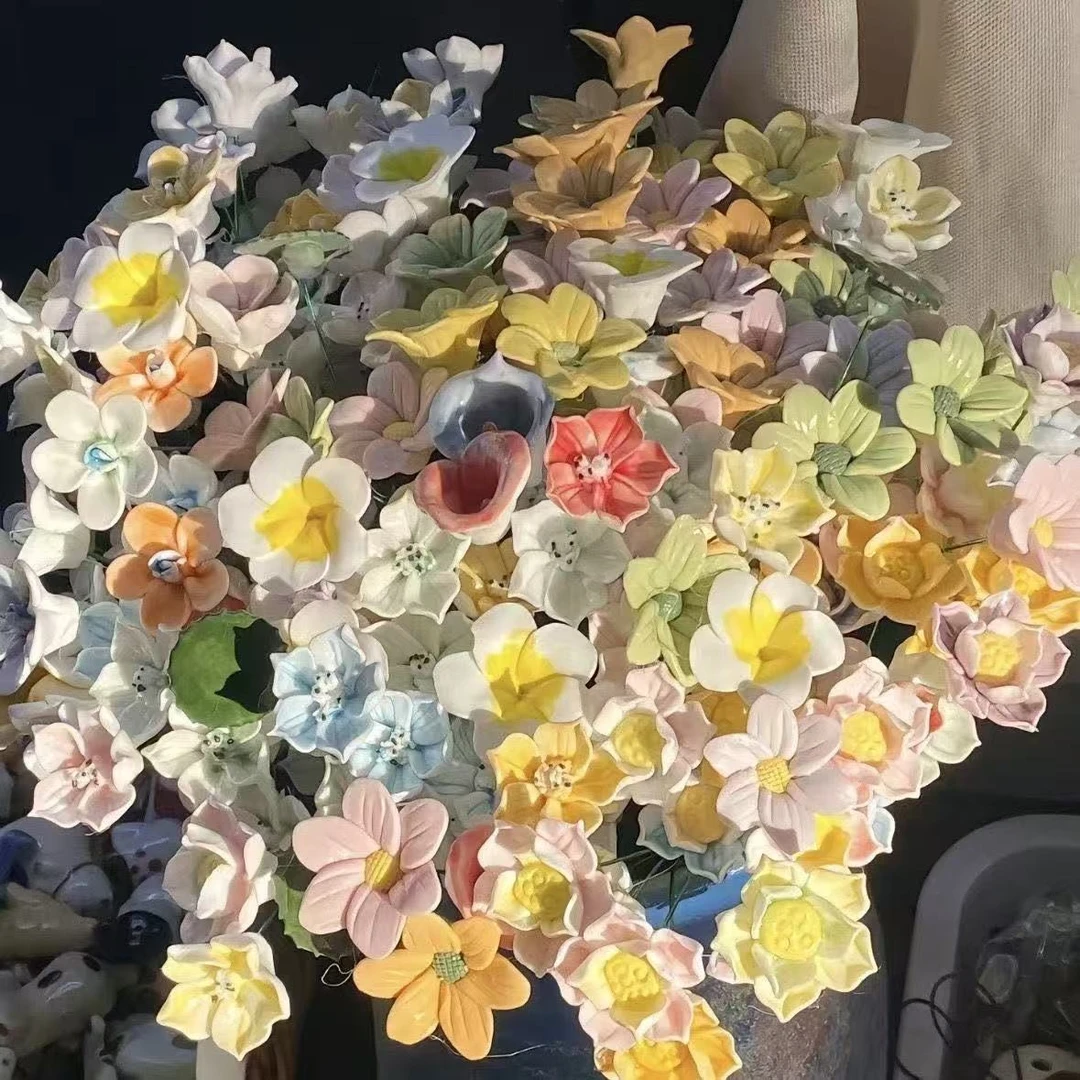 【直播专享】双层花景德镇陶瓷花朵手工瓷花桌面小摆件永生花手捏花