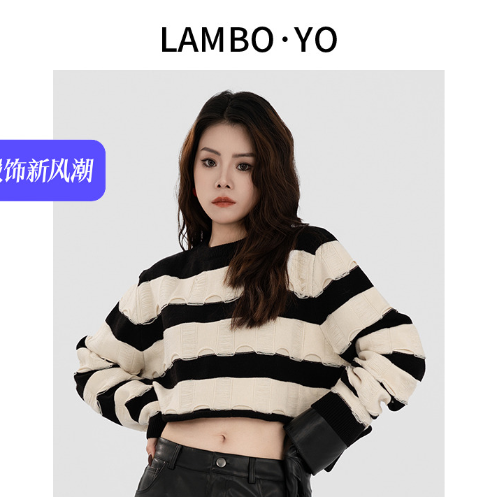 LAMBOYO2024秋季条纹休闲撞色上衣女圆领套头短款显瘦宽松毛衣