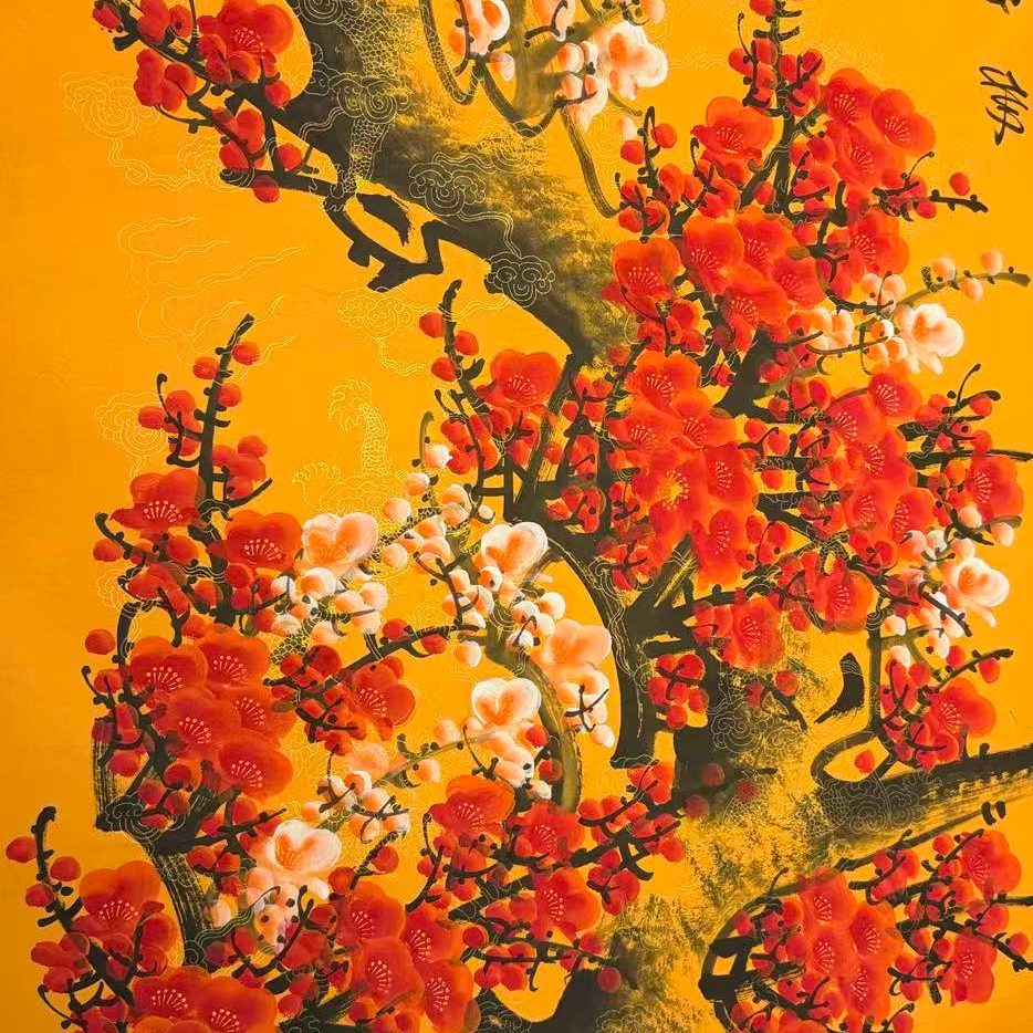 春雷手绘国画《梅开五福》加花开富贵，共二十平尺