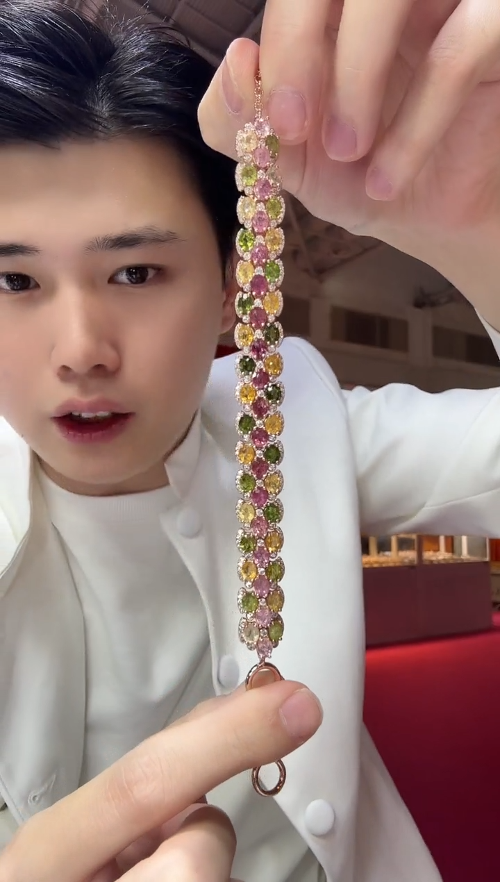 银S925镶嵌手链碧玺玫瑰多彩宝多样性发设计款