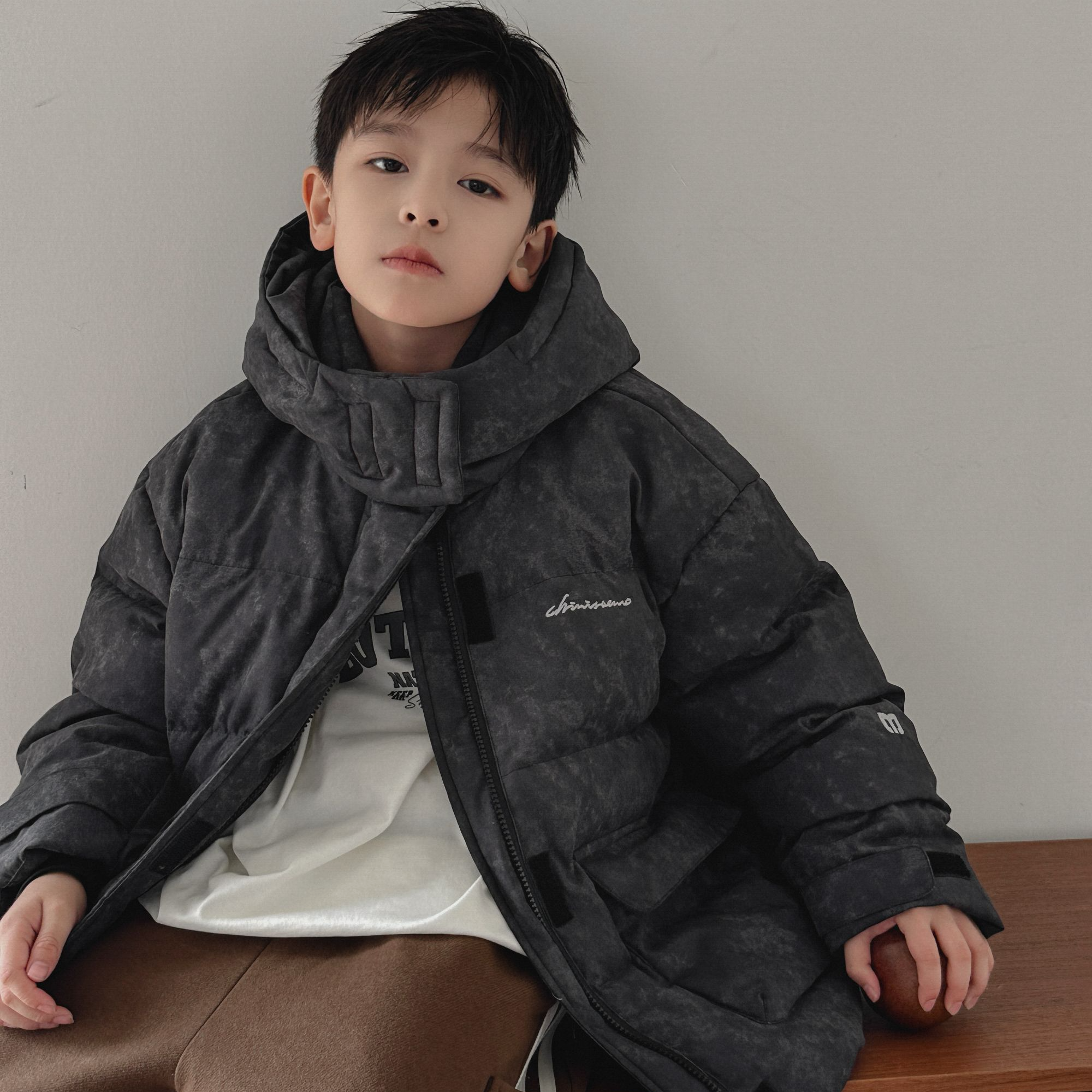 冬季儿童连帽纯色英文刺绣棉服外套6821