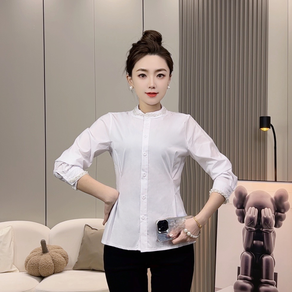 【单款】X6911长袖百搭修身休闲时尚圆领气质衬衫女