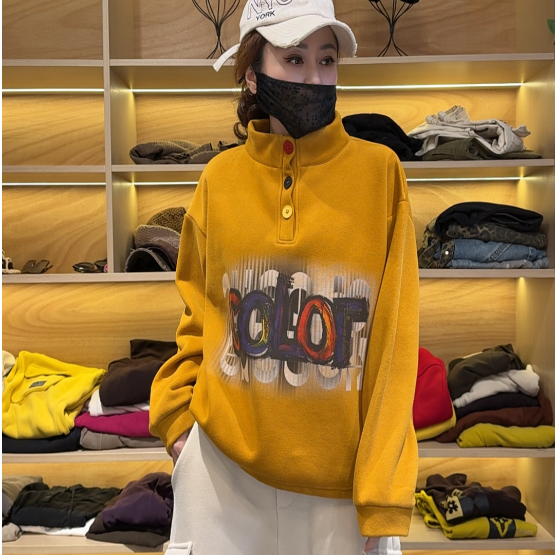 8853冬款加绒加厚保暖潮牌彩扣立领卫衣