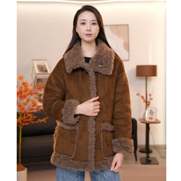 中长款长袖慵懒风女两面两穿翻领羊毛外套冬季休闲25065