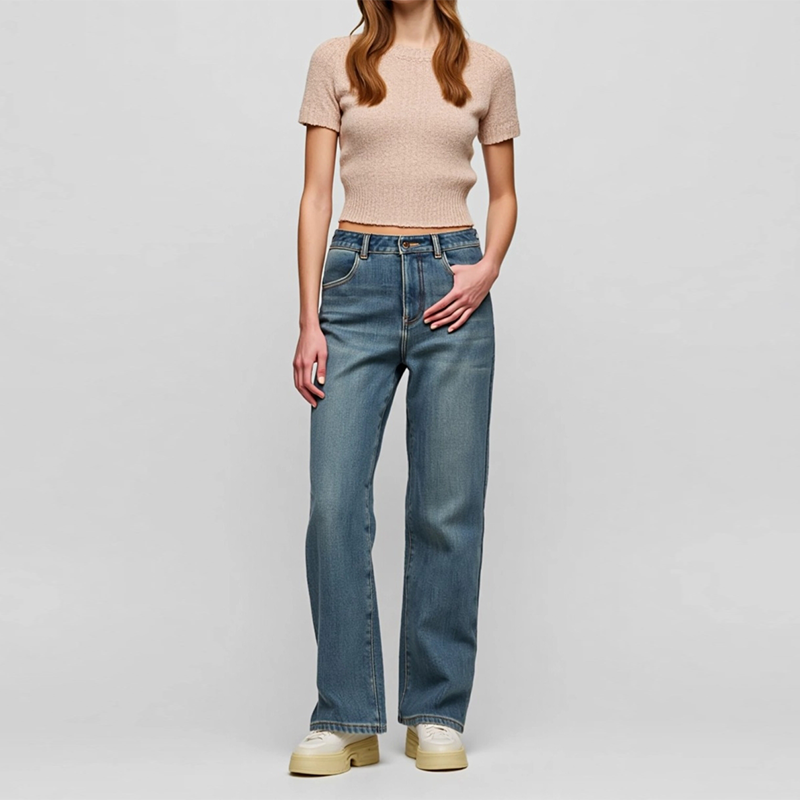 2025年女士冬季加绒复古简约百搭高腰休闲风直筒牛仔裤MA227