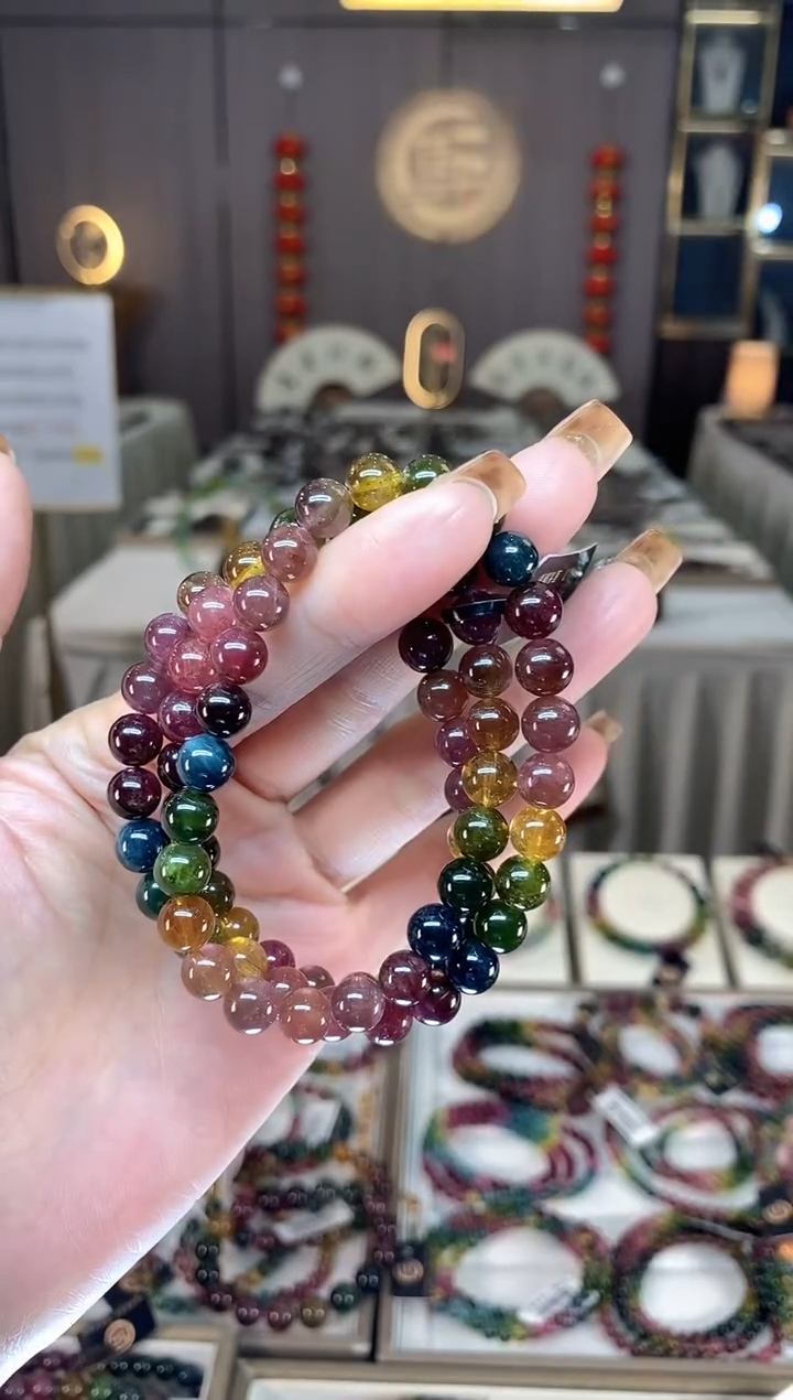 未镶嵌老矿碧玺色标彩虹三圈手串7mm+碧玺dan多样性发货一条