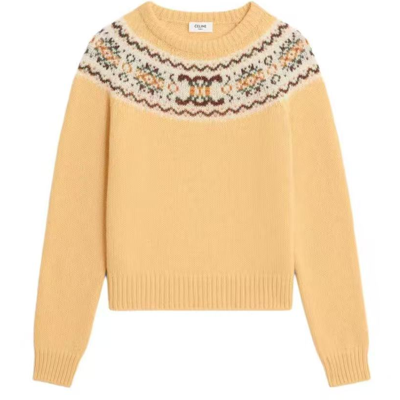 99新 Celine/思琳 费尔岛黄色羊毛毛衣M码