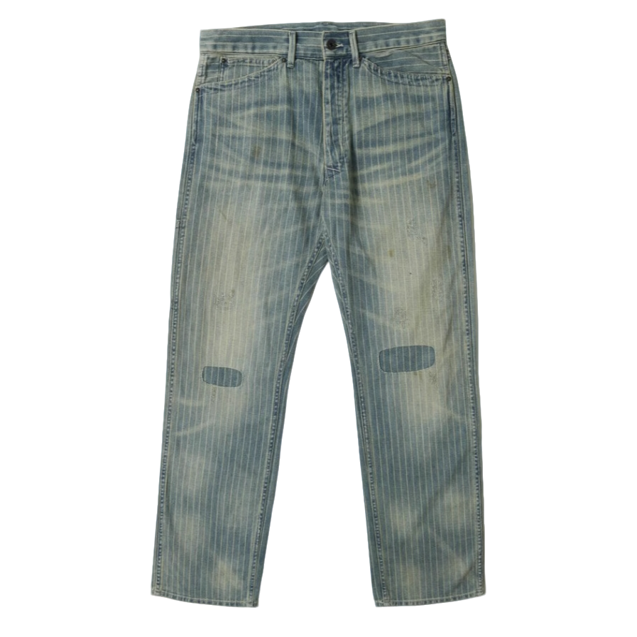 双R IndigoStripedTwillPants 蓝染铁路纹做脏破洞牛仔裤CK0028Y