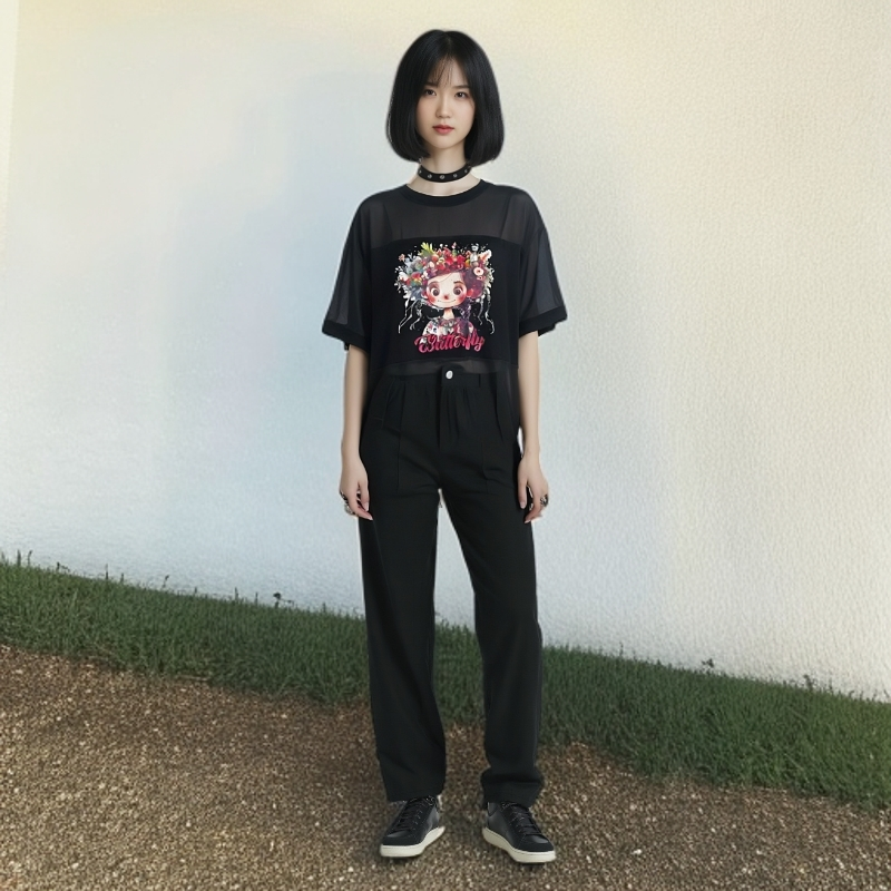 减龄显瘦雪纺拼接夏季短袖大版T恤女辫子女孩漫画头数码前后印花
