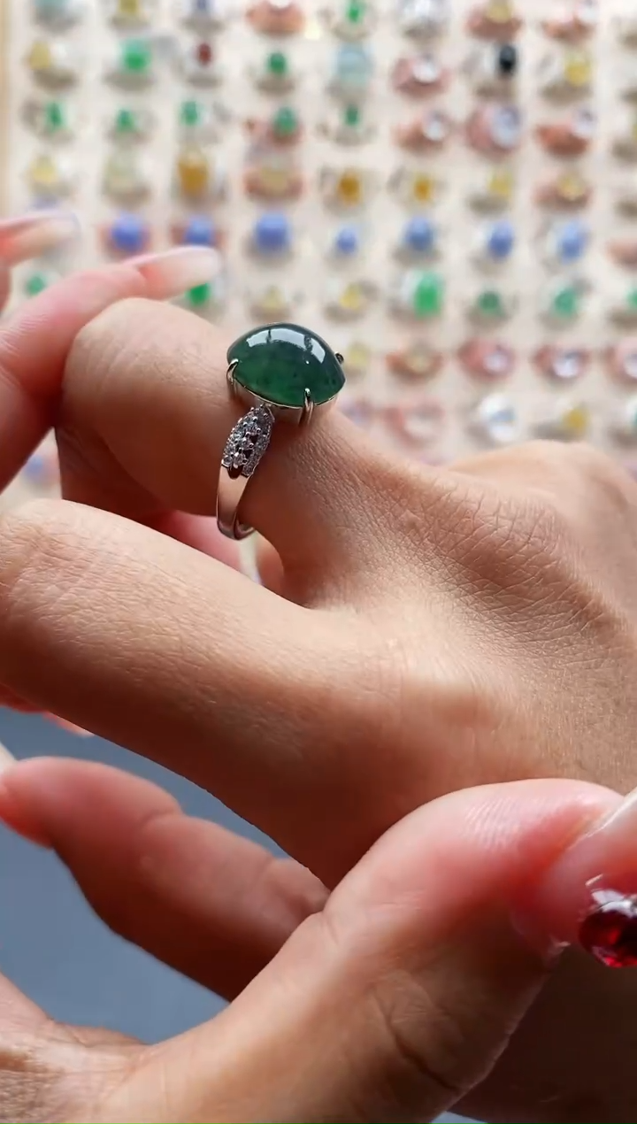 【闪购商品】翡翠戒指银S925镶嵌缅甸天然A货翡翠444 10+5