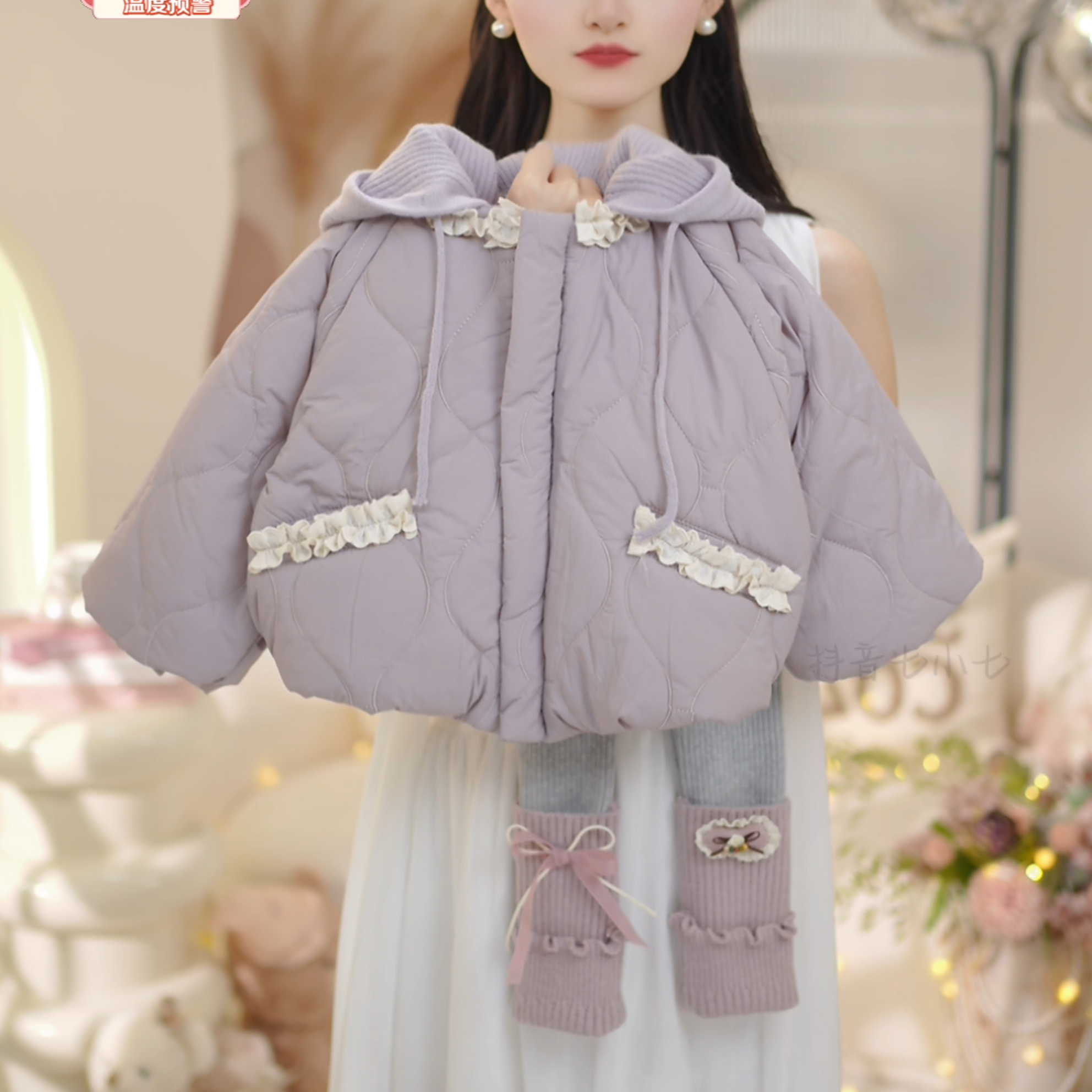 女童2025秋冬季新款花边连帽加绒加厚棉服外套打底裤套装C23915