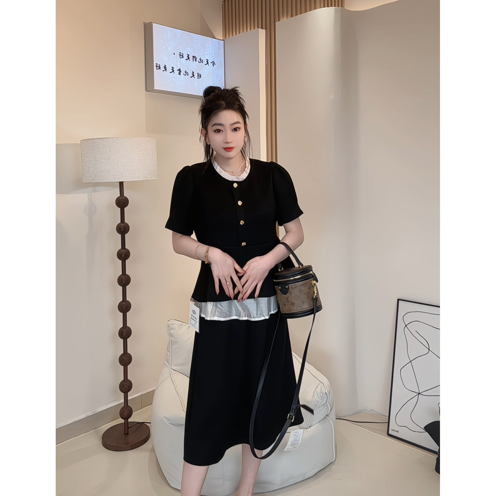 大码mm夏季黑色套裙两件套小香风显瘦高级感