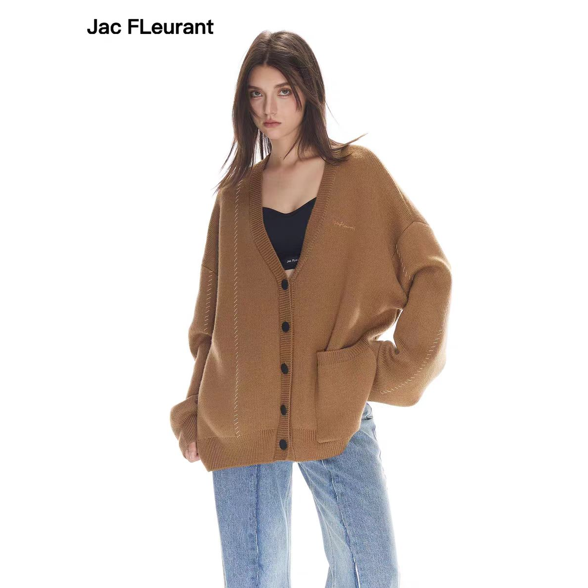 JACFLEURANT新品棕色外缝线单口袋宽松百搭时髦针织开衫秋冬