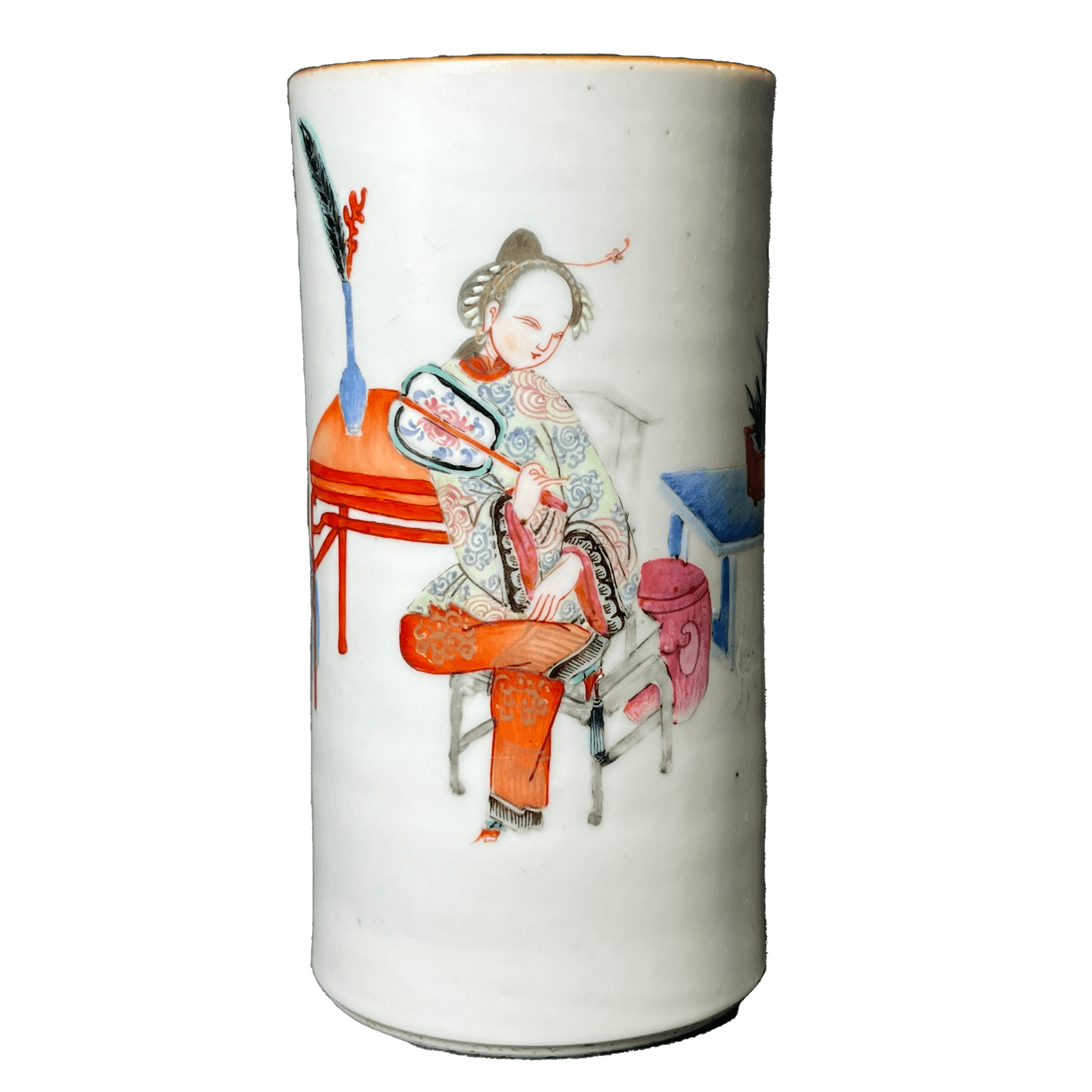 lot1911粉彩三寸金莲人物笔筒古董拍卖