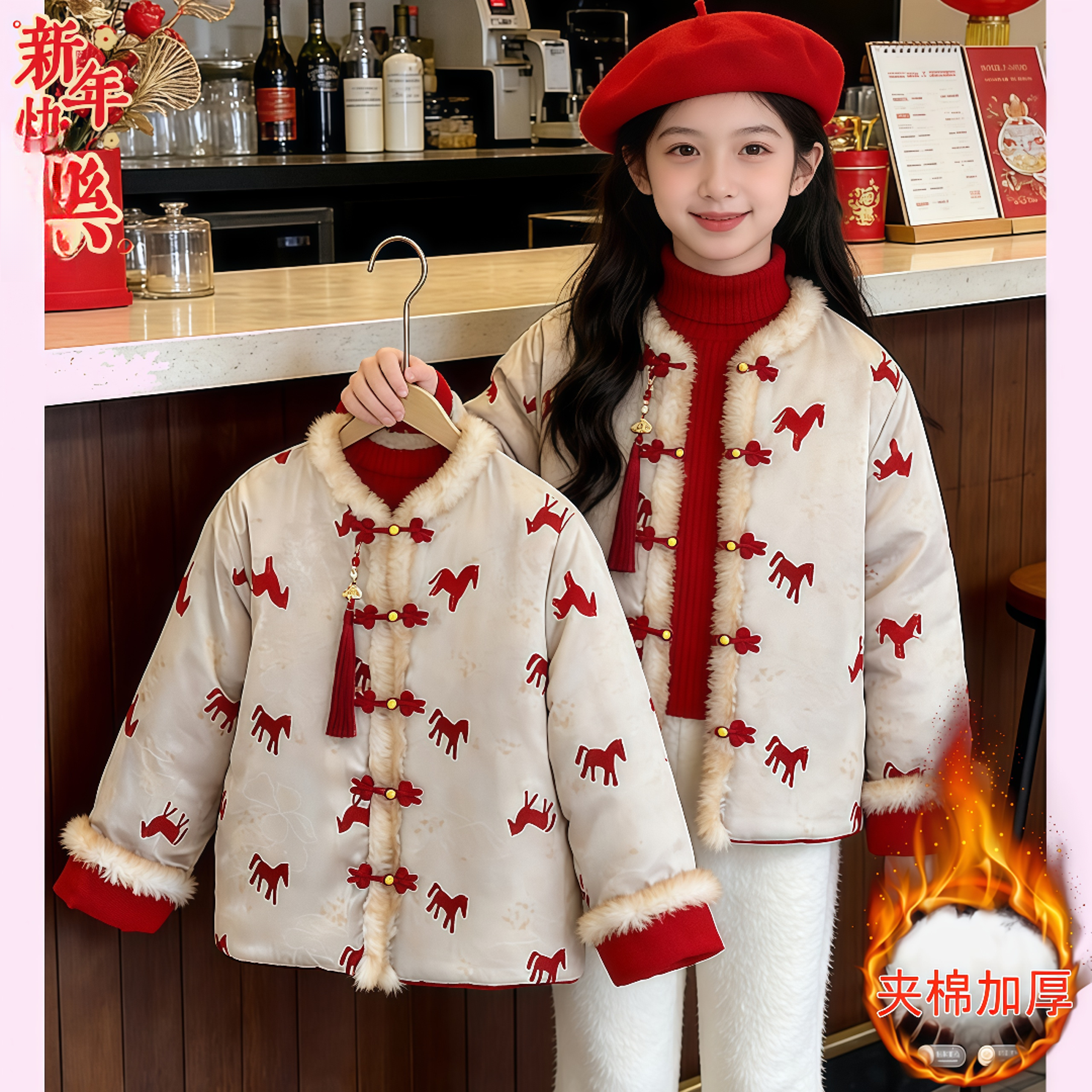 女童国风提花棉服冬装2025新款新中式毛领棉袄拜年服外套潮加厚