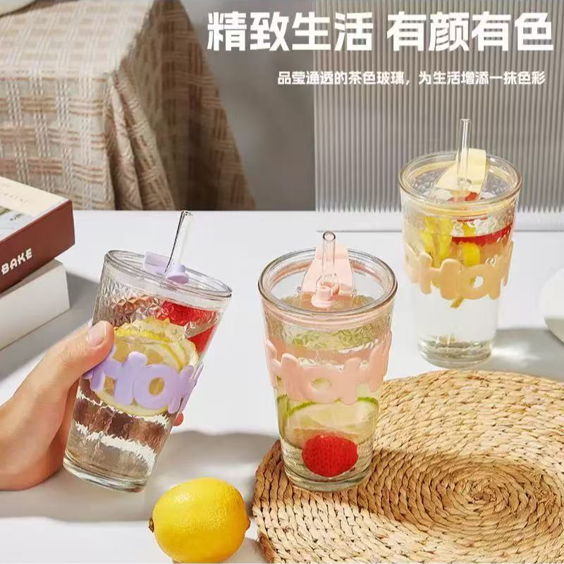 韩式玻璃杯吸管杯随手杯有盖杯子水杯带杯套咖啡杯