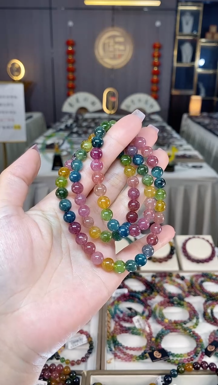未镶嵌冰透体老矿碧玺色标三圈手串7mm+碧玺hon多样性发一条