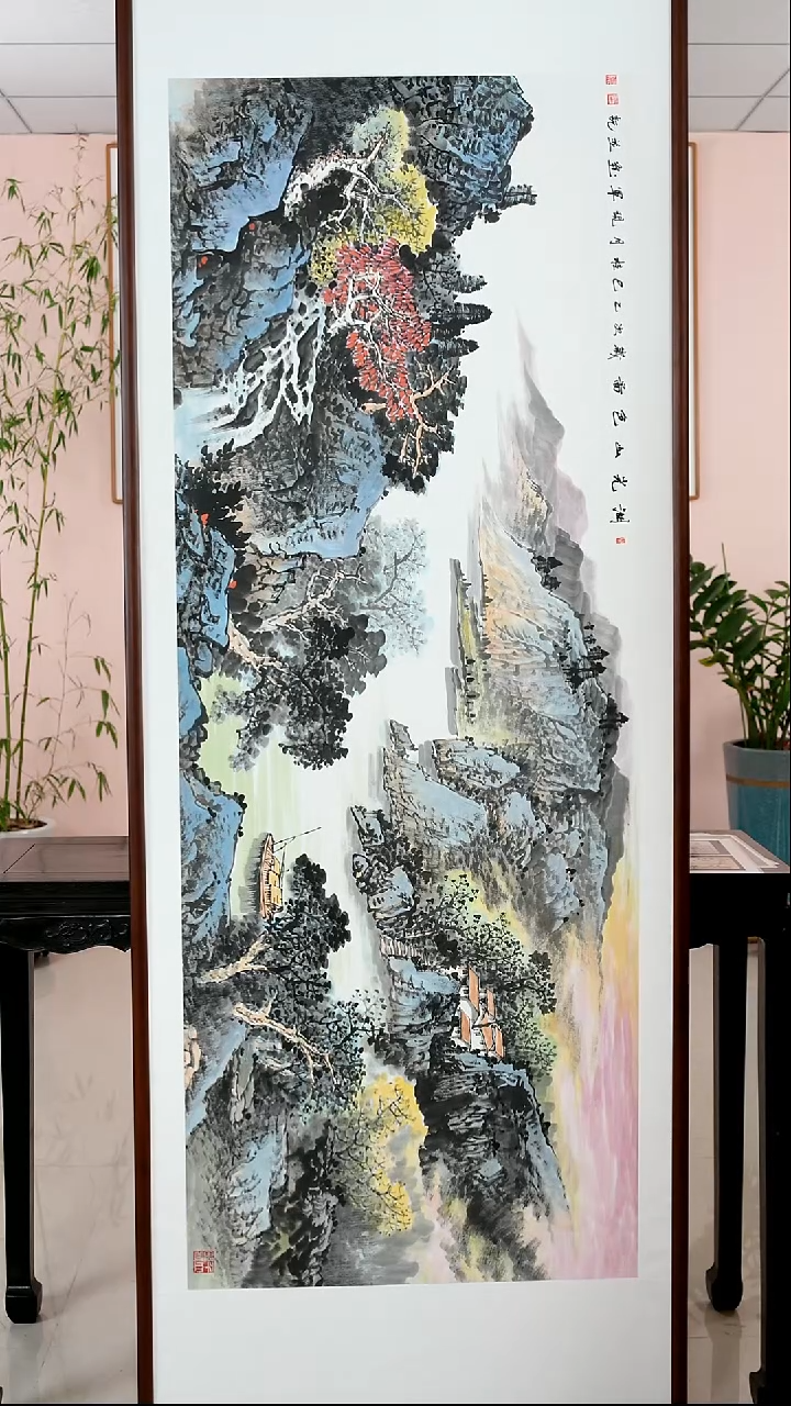 国画张现军《湖光山色》手绘带框223*83