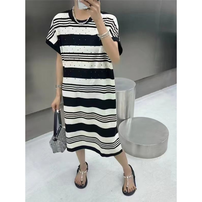 VAZSLVE/原创设计 重工烫钻条纹百搭针织连衣裙F219