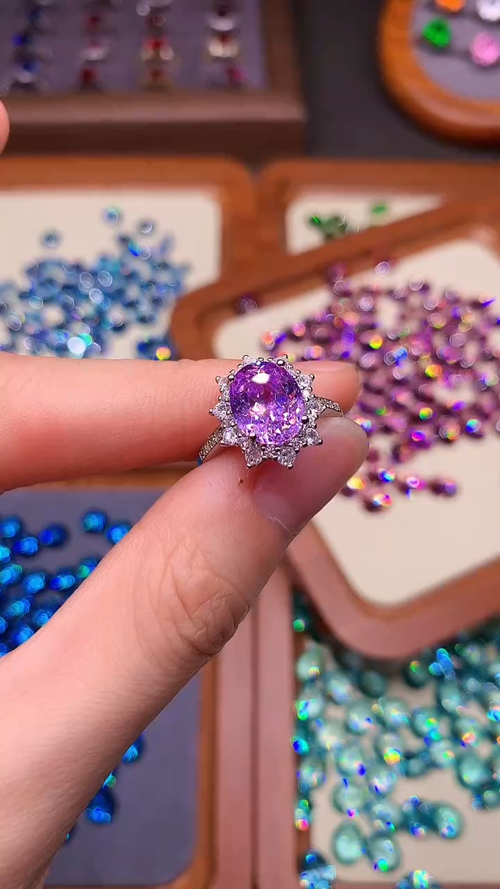 双色碧玺戒指银S925镶嵌粉紫