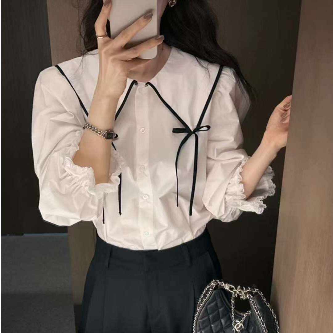 【韩货NO退NO换】2025春款衬衫蕾丝气质时尚百搭娃娃领荷叶边设计