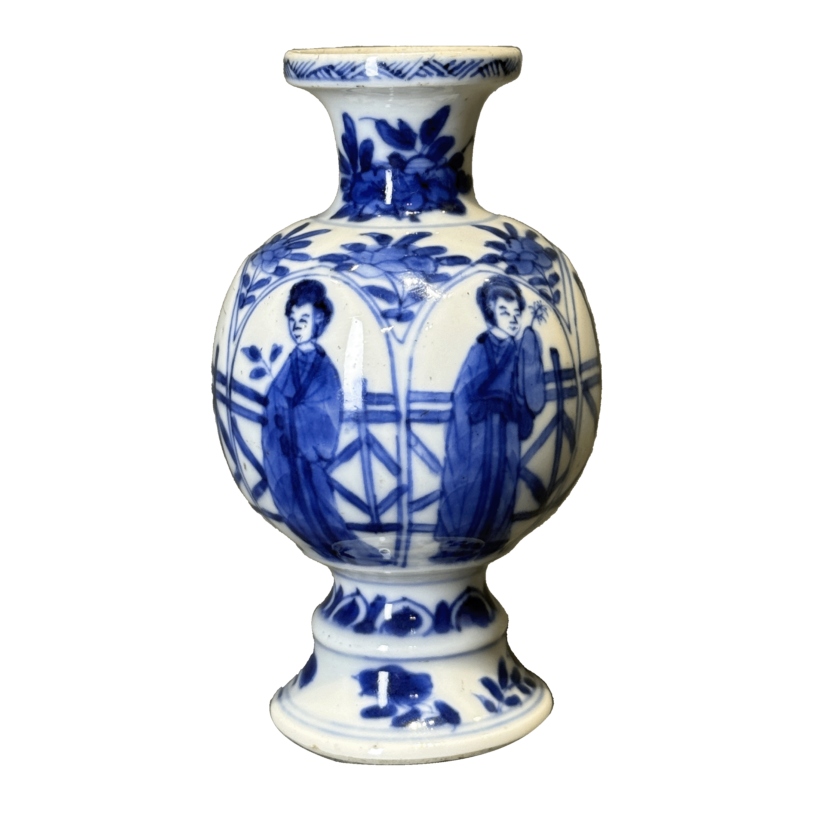 26111006t青花庭院仕女纹盘口瓶