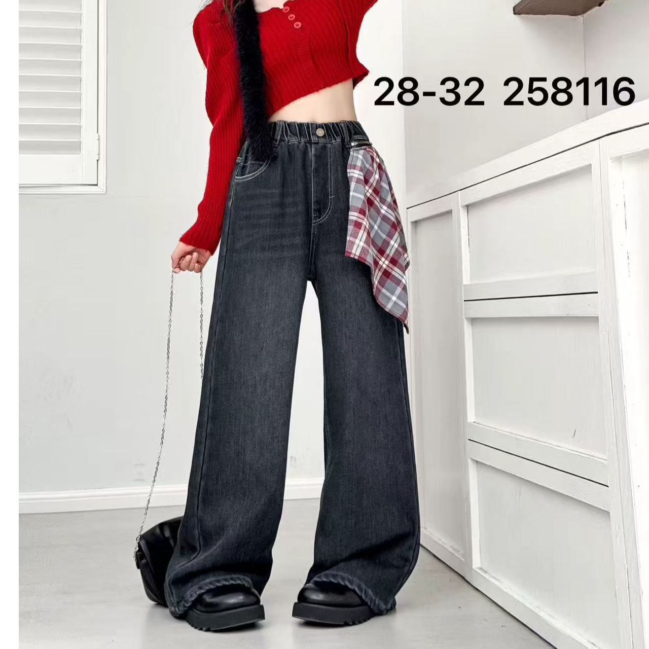 （现货）高品质女童冬款新款加绒牛仔裤女孩阔腿裤大童皮带腰带没有