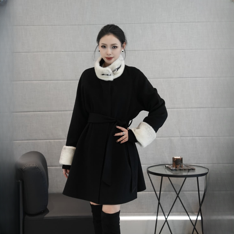 POPULARYW【梨枝濯雪】气质配腰带设计感中长款拼接水貂大衣外套