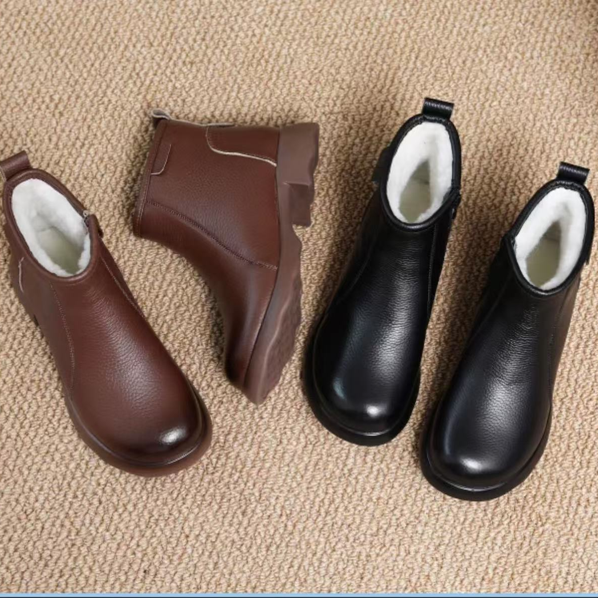 【暖暖.羊毛靴 】2736秋冬新款短靴软底舒适单靴中老年妈妈鞋皮靴