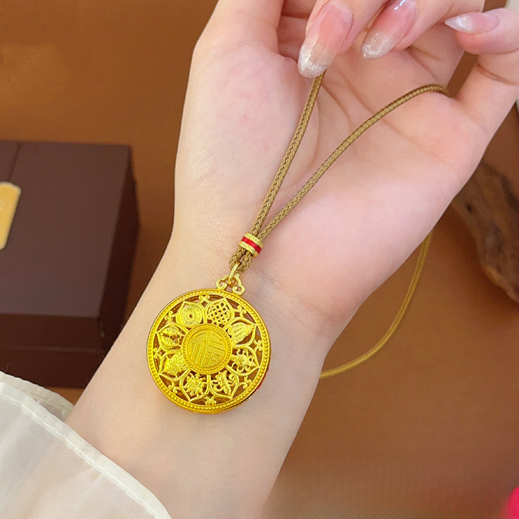 铜合金布艺项链 镂空八宝罗盘如意绳项链