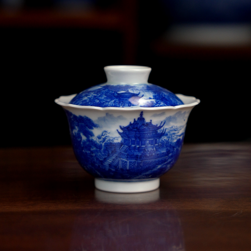 海桥风华图 自成堂柴窑青花楼阁界画山水盖碗釉重工亭台楼阁陶瓷