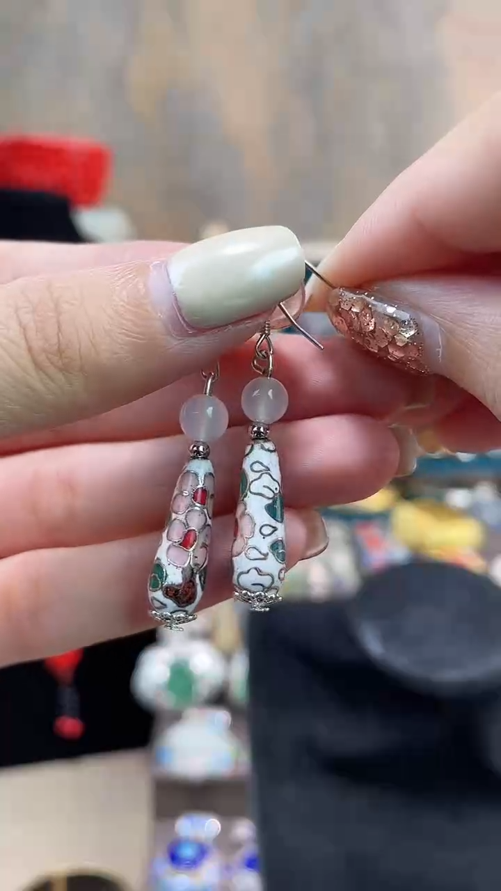 非遗手工景泰蓝耳环水滴白色