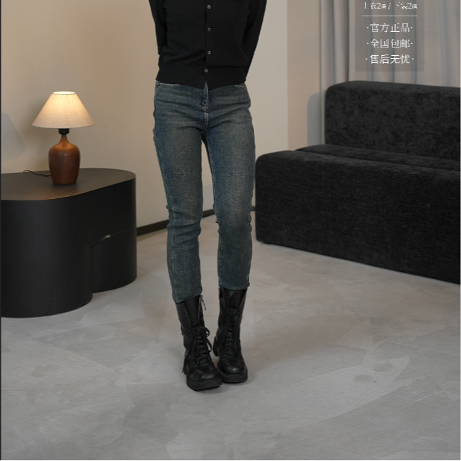 时尚磨白九分裤做旧女加绒牛仔裤常规薄款秋季长裤1101123