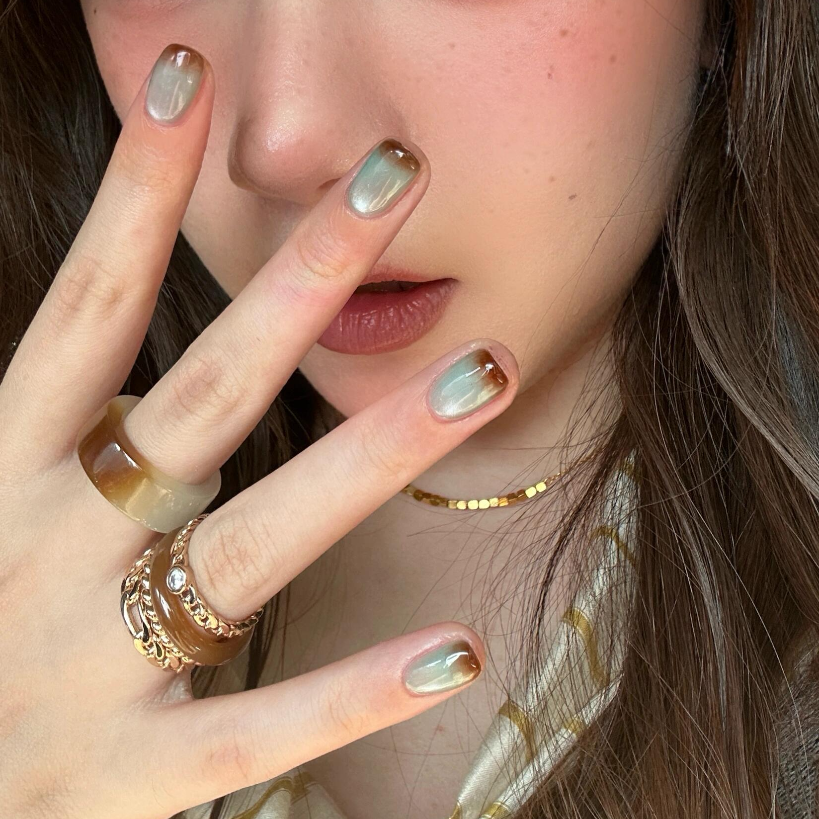 【秋意】秋季新款蓝棕撞色小众穿戴甲短款百搭美甲款式推荐2025爆款