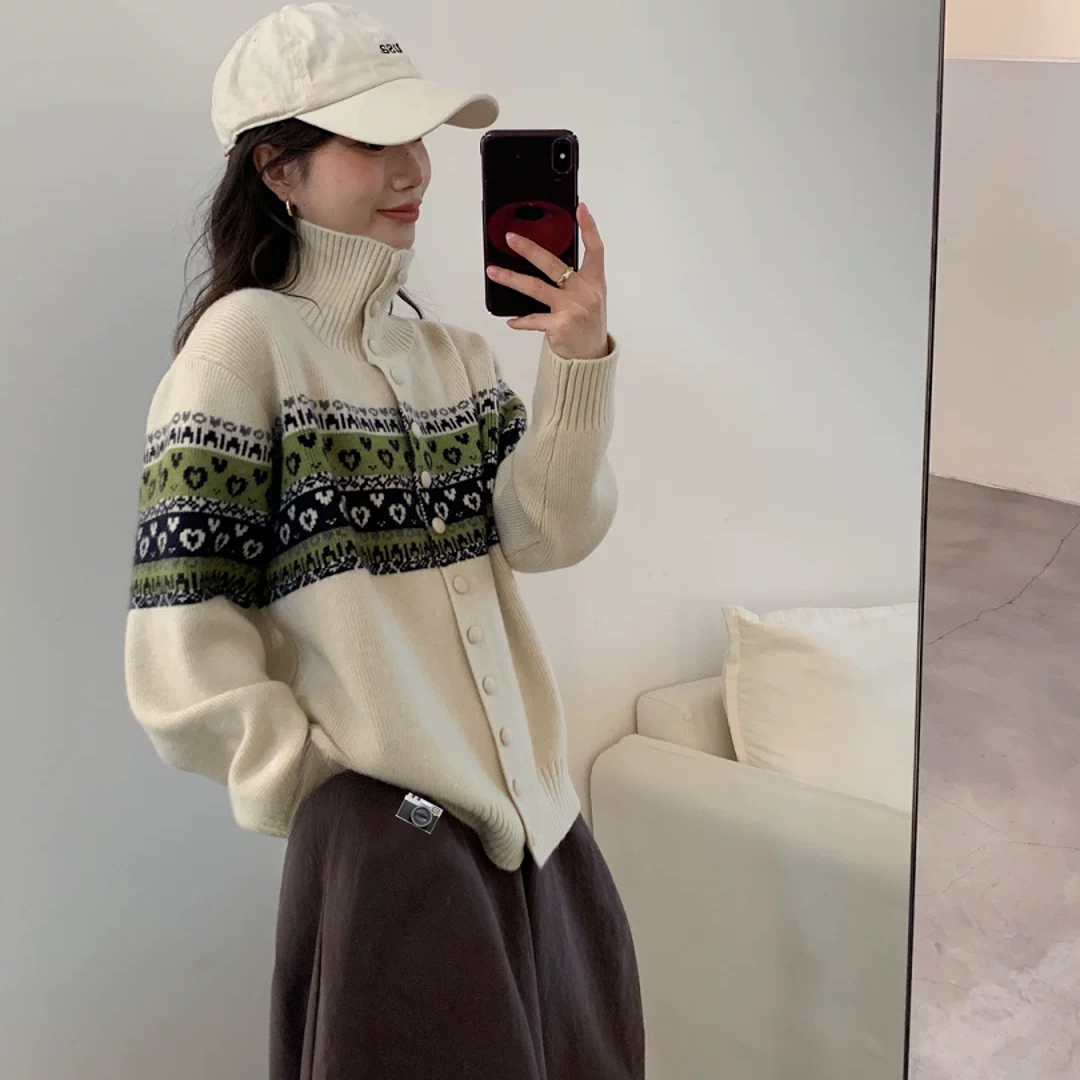 668-1205/33-89/1140 秋冬韩版高领撞色爱心提花包开衫针织衫毛衣