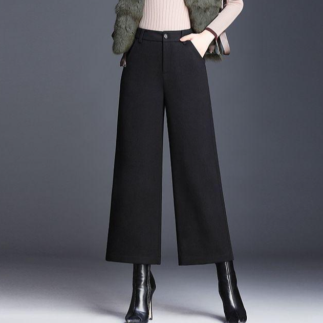 加绒加厚阔腿裤高腰毛呢休闲裤黑色直筒阔腿裤加绒宽松休闲百搭