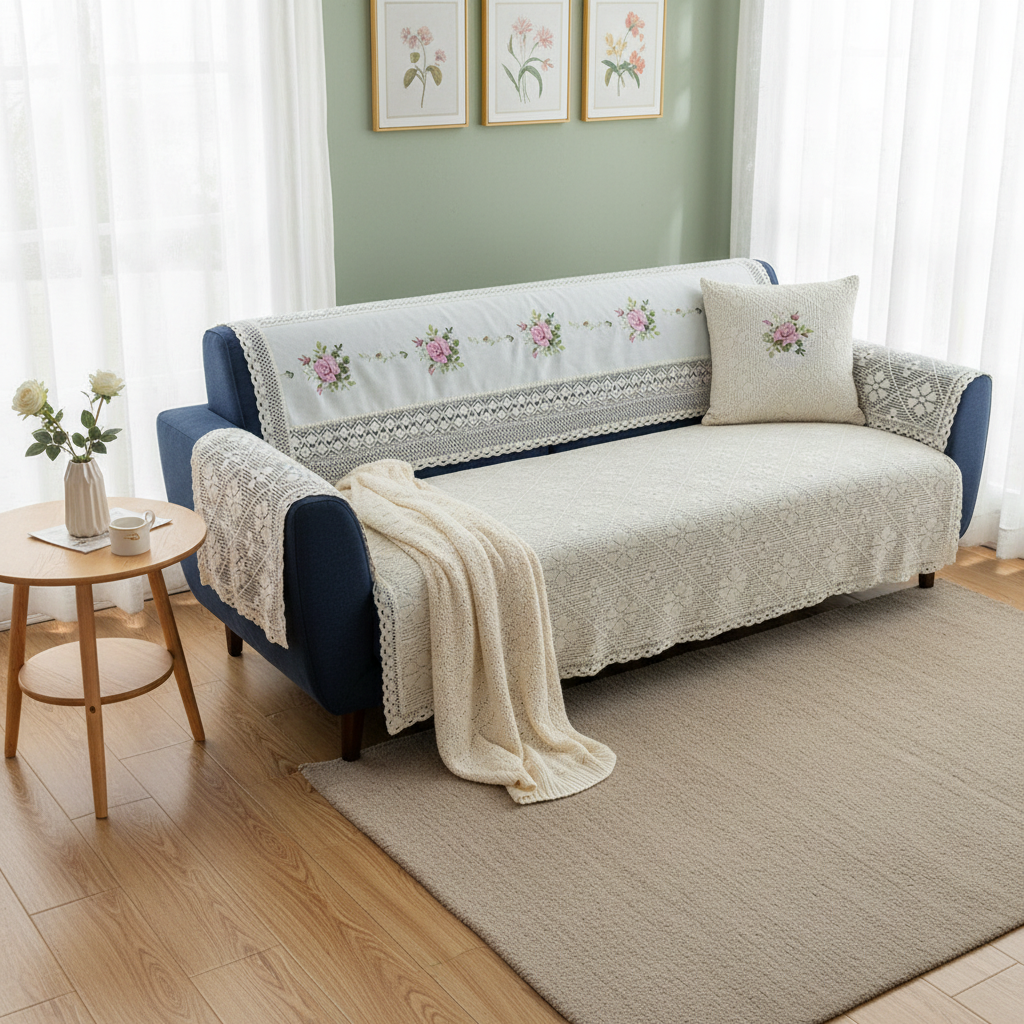 429米色【中式沙发后背巾】绣花防滑棉质三人位多人位沙发巾