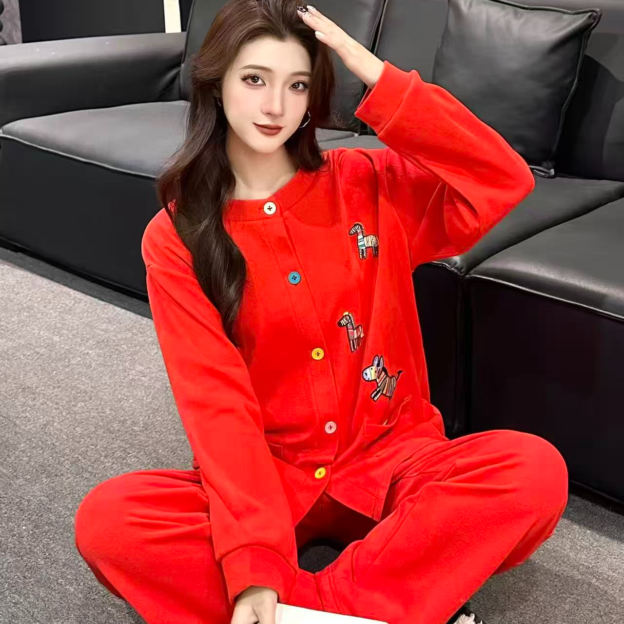 【李北北】秋冬睡衣套装羊毛蚕丝马本命年红色女卡通宽松家居服1200