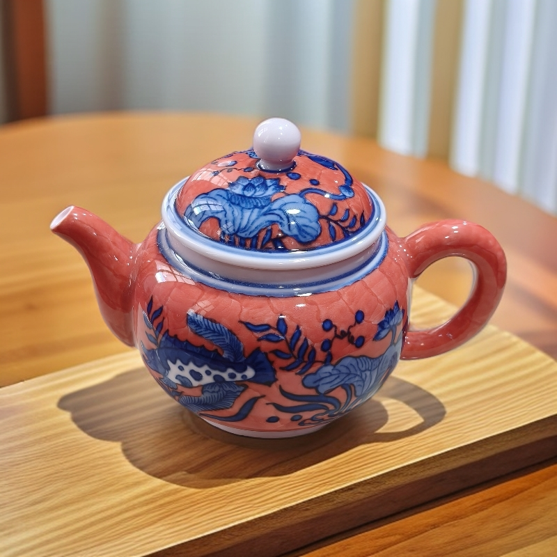 XD-ZH-XD3425红稀土红底鱼草纹茶壶+礼盒