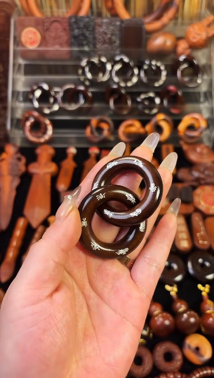 雷枣木玉化  双面镶银五雷五路乾坤圈 2.5