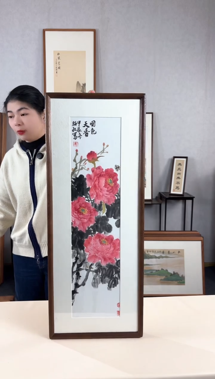 【闪购商品】国画手绘*牡丹*28*72cm实木框