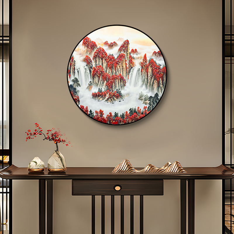 益师傅当头圆形装饰画玄关过道客厅壁画新中式进门山水画鸿运6060