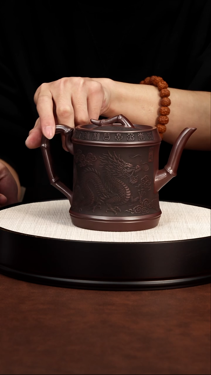 茶壶紫砂 龙凤高竹段壶 石红 高艳