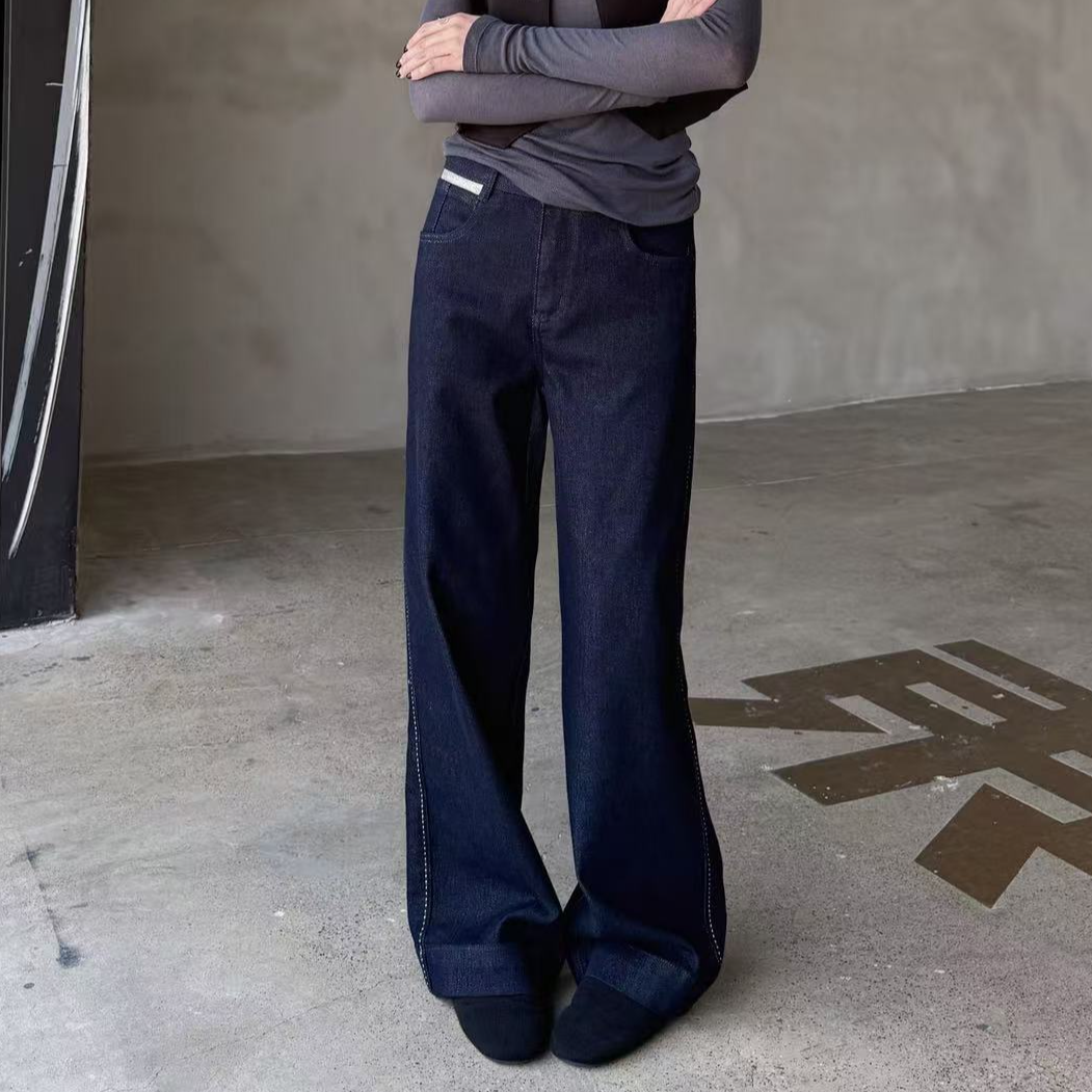 【裤博汇】33007双纱底蓝藏黑色⌈空气四面弹⌋高腰窄版直筒牛仔裤