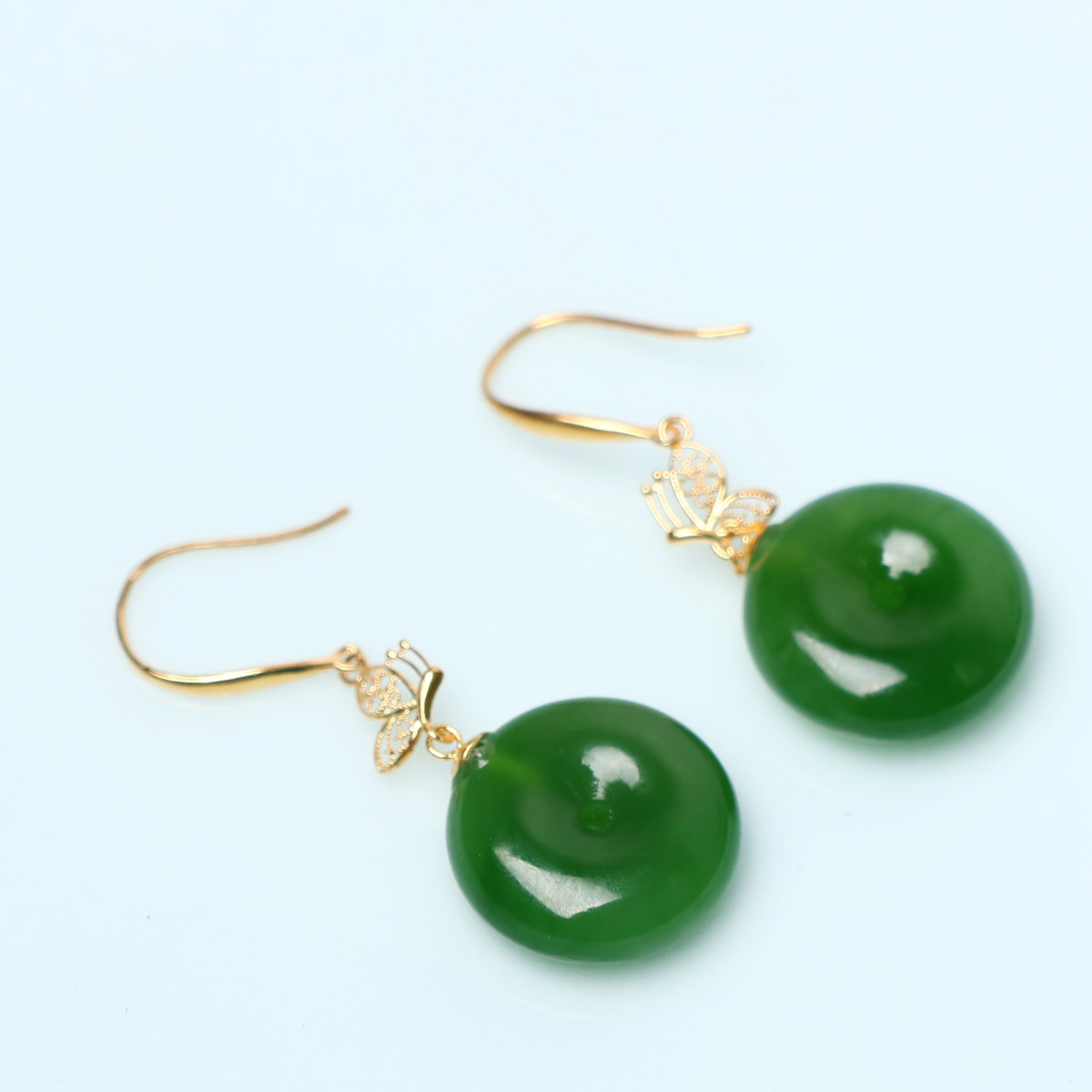 【矿姐珠宝】B0521和田玉碧玉平安扣18mm耳钩18K金