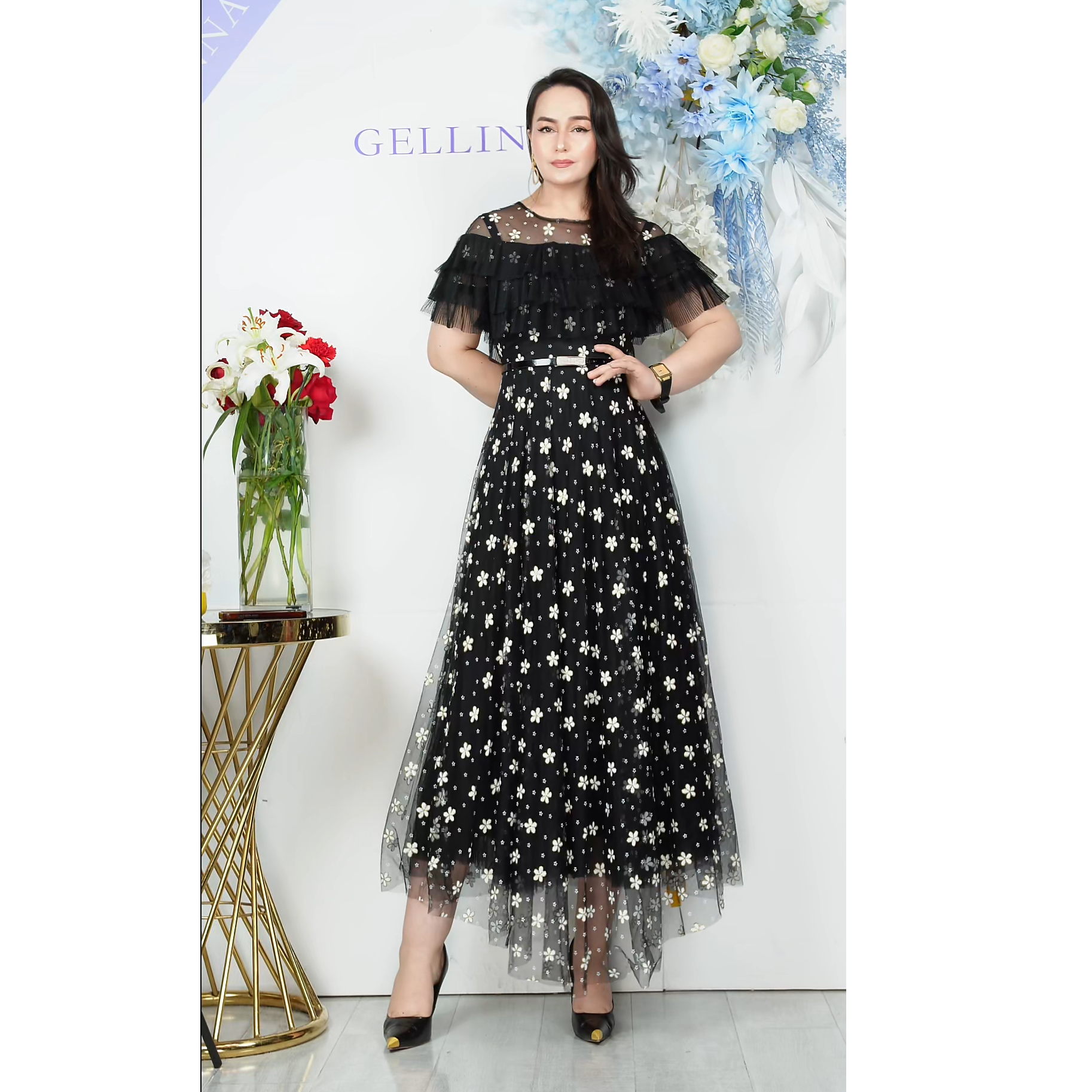 [GELLINNA女装] 黑色网纱连衣裙/M-4XL/女连衣裙宴会