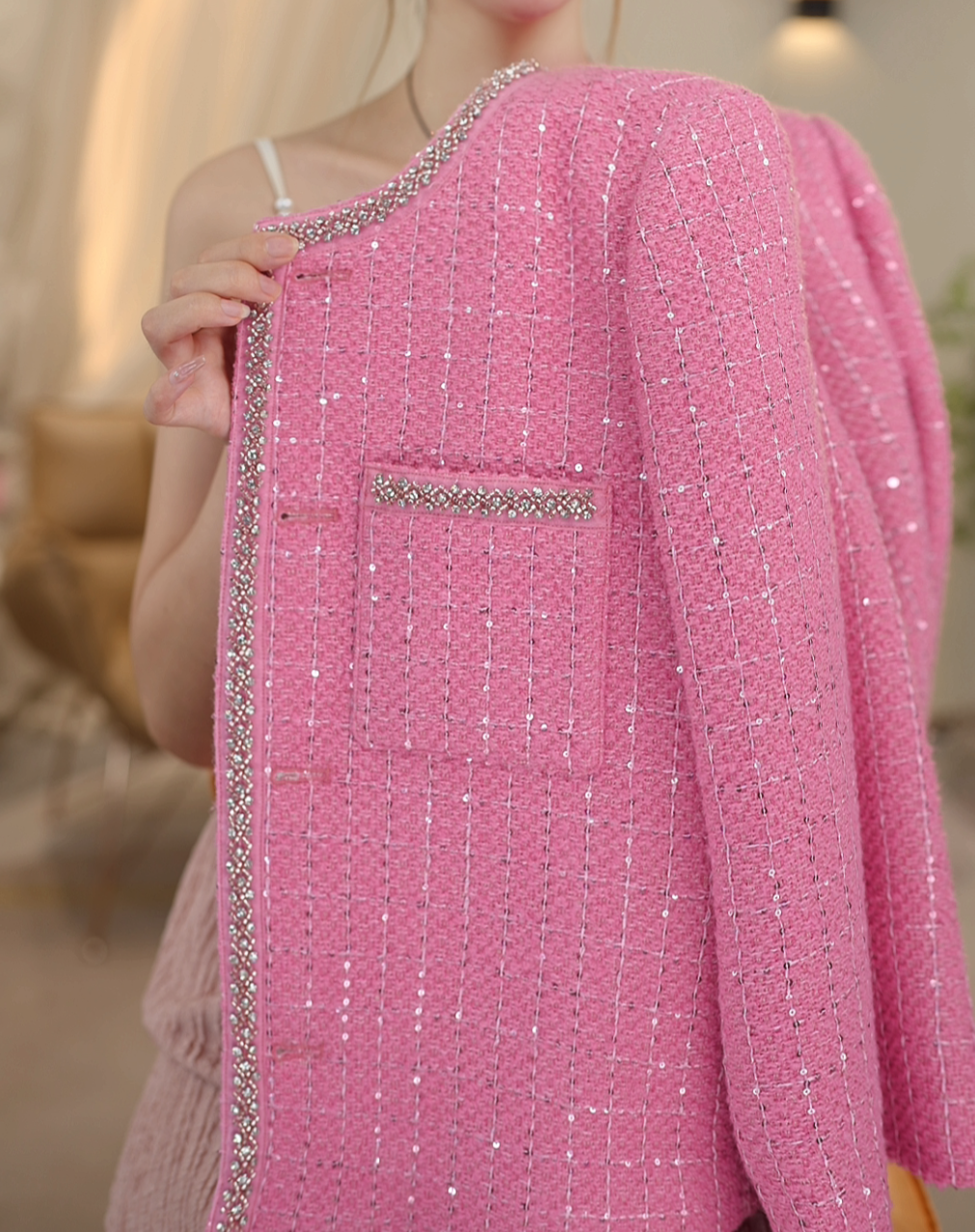 【PP】春秋款百搭时尚洋气名媛风气质粉色轻奢修身小香风外套