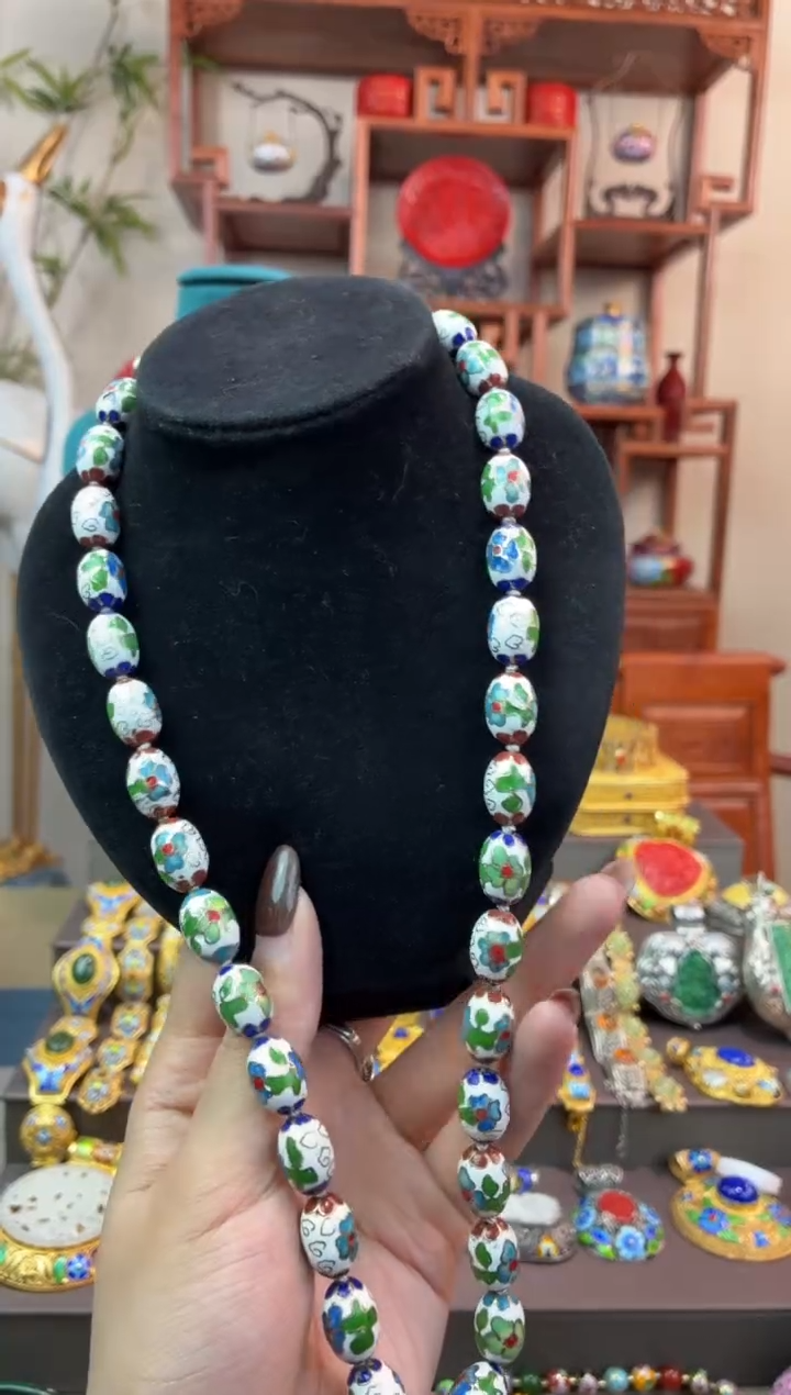 非遗手工景泰蓝珠链橄榄珠白色