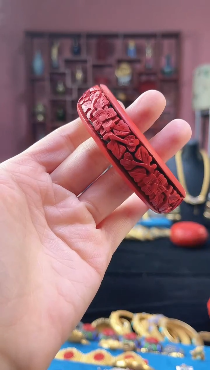 非遗 雕漆手镯 红黑 花卉 58